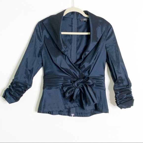 Tadashi Shoji Tops - Tadashi Shoji Navy Blue Faux Wrap Taffeta Blouse